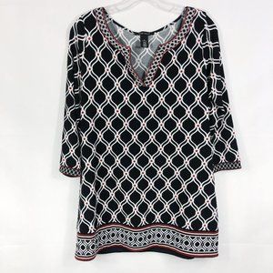 WHBM | Black & White Ikat Print Embroidered Tunic